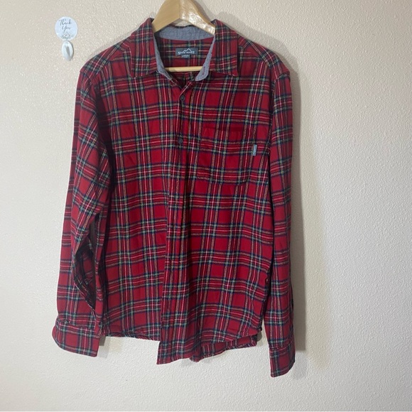 Eddie Bauer Plaid Unisex Flannel Red Green Button Up Long Sleeve Size L Autumn - Picture 1 of 9